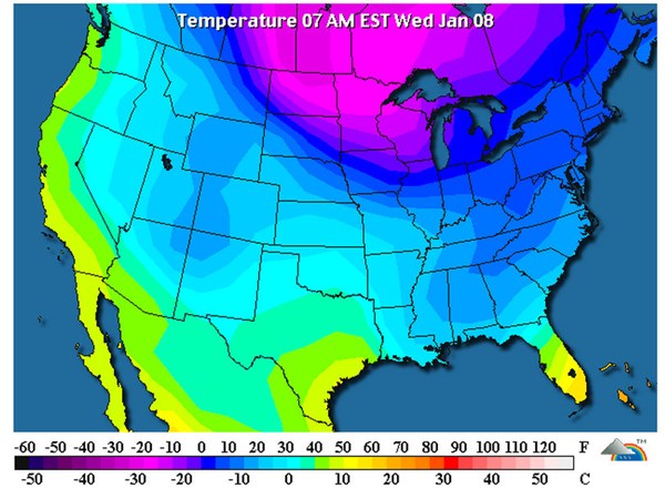 Temperatures across the United States today, reaching -30 degrees Celsius in some parts. Source: Wunderground