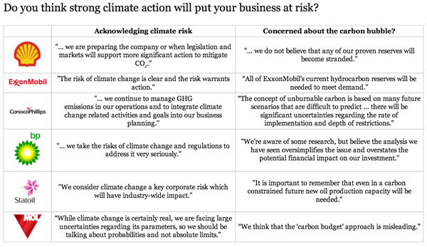 Carbon Bubble industry responses table