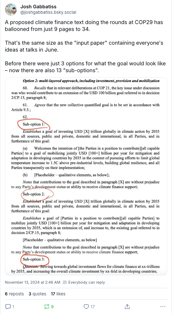 Josh Gabbatiss on X: A proposed climate finance text doing the rounds at COP29 has ballooned from just 9 pages to 34.