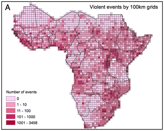 Map showing number of violent events in sub-Saharan Africa between 1980 and 2012
