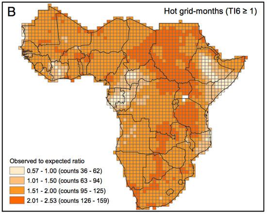 Map showing number of 'hot' months for sub-Saharan Africa between 1980 and 2012