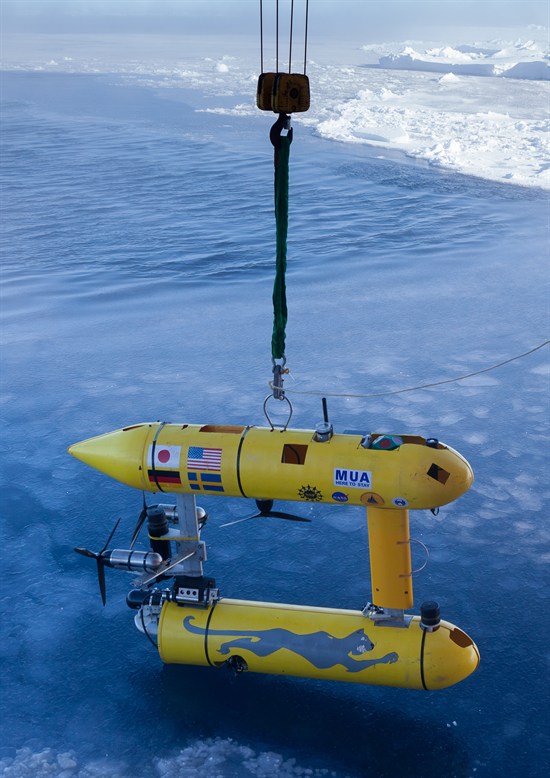 The AUV called 'Puma' ready for deployment through a very thin layer of Antarctic sea ice