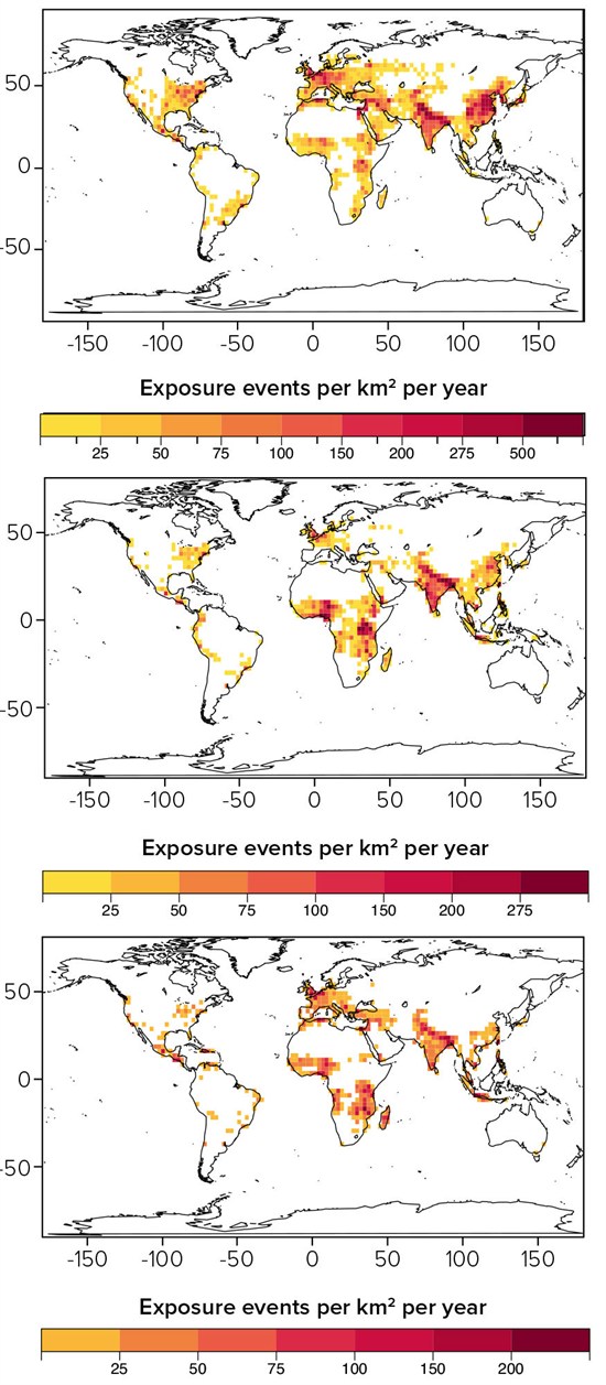 Projected change in exposure to heatwaves, floods and droughts