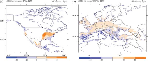 Map showing habitat suitability for the Asian Tiger mosquito expressed as the increase between 2000-2009 and 2045-2054