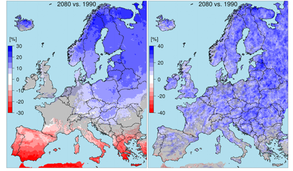 Change in average annual precipitation in 22 European regions containing large rivers by 2080