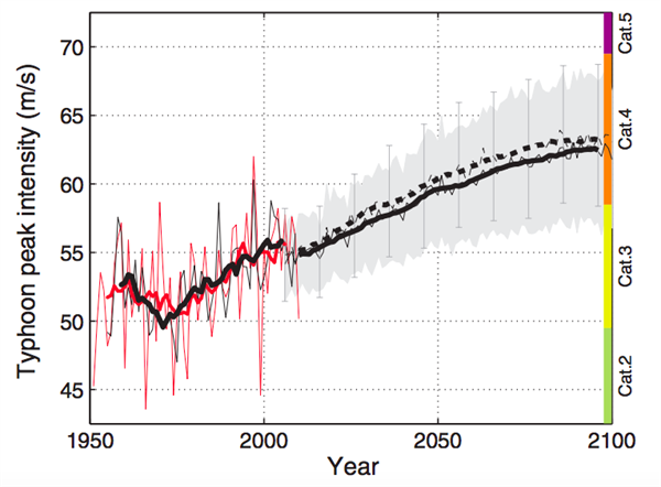 Observed and projected typhoon peak wind speeds