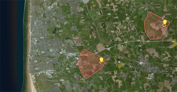 Map of Cuadrilla's proposed shale gas exploration sites on the Fylde peninsula in Lancashire