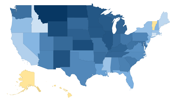 Map showing emissions reductions between 2012 and 2030 required by the Clean Power Plan.