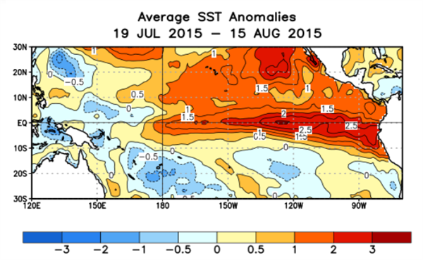 Sea surface temperature anomalies in the Tropical Pacific over the last four weeks