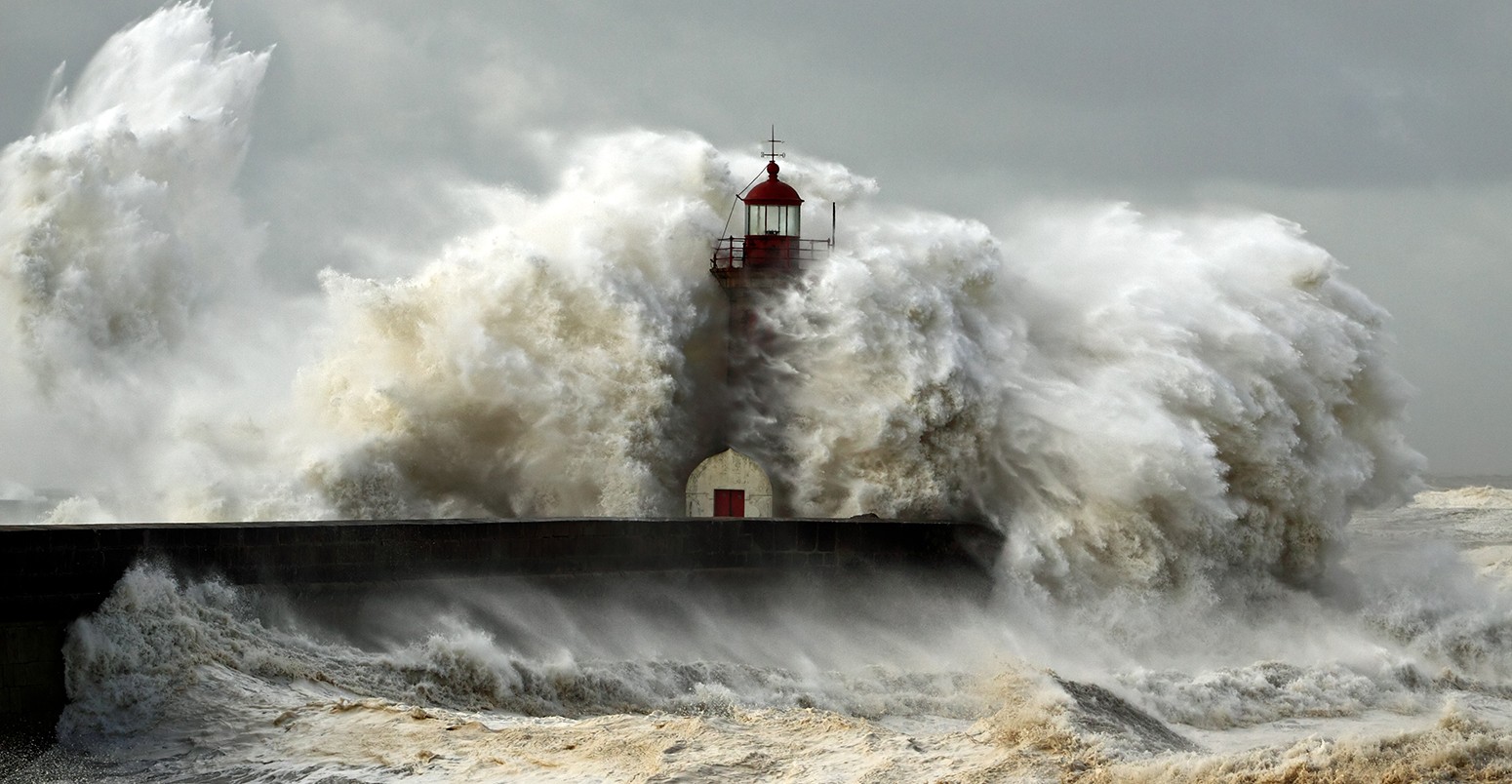 Entry of Douro River harbor on the first big storm of the year