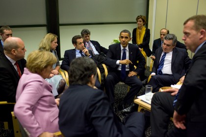 Barack Obama with European leaders at the United Nations Climate Change Conference in Copenhagen