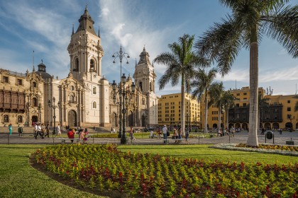 View of the cathedral church and the main square in downtown Lima, Peru.
