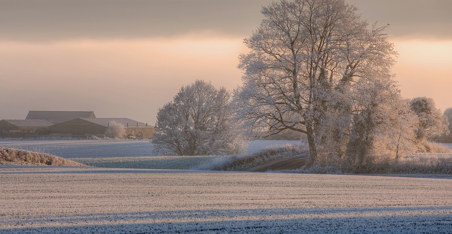 Morning view of Cotswold farmland with hoar frost