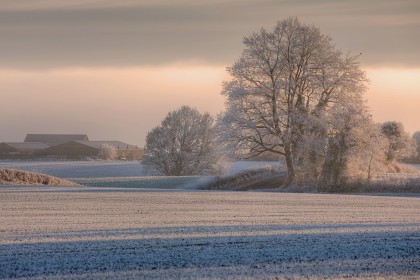 Morning view of Cotswold farmland with hoar frost