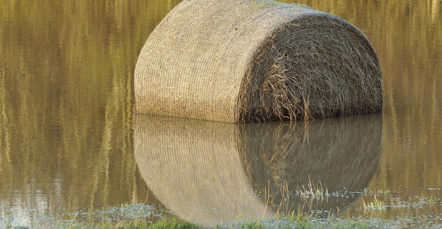 Hay bale in flooded field