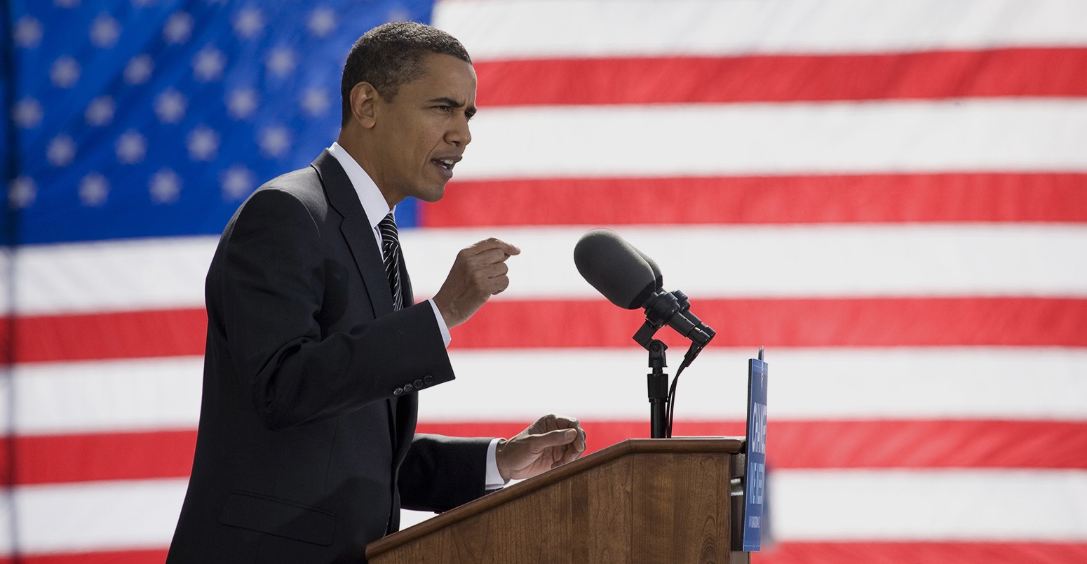 Barack Obama delivering a speech to a rally in Raleigh, 2008.