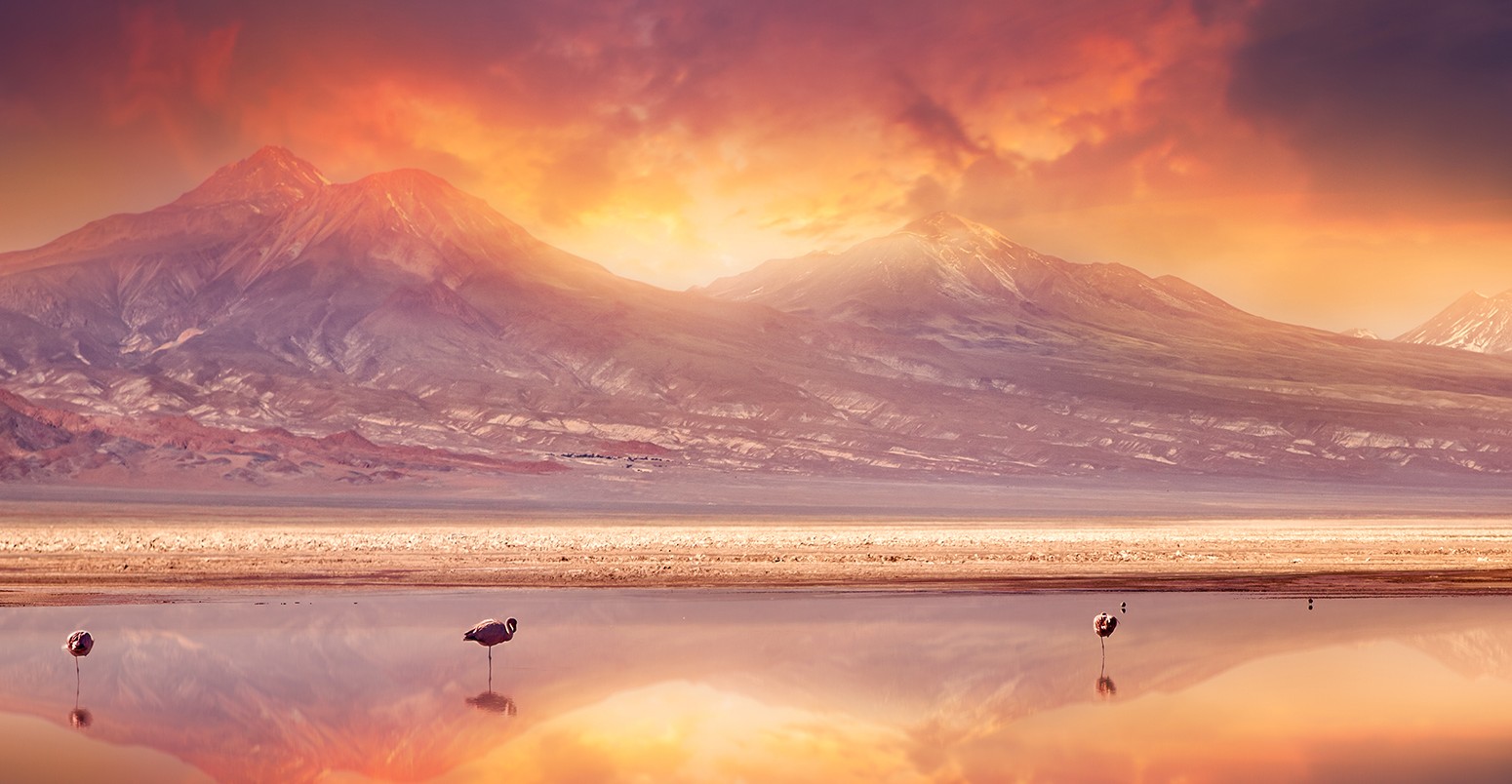 Vivid sunset over the Andes Mountains and Atacama Desert, Chile.