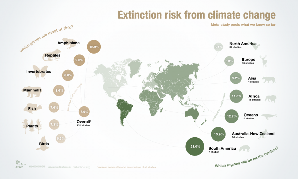 Infographic: Extinction risk from climate change. By Rosamund Pearce for Carbon Brief.