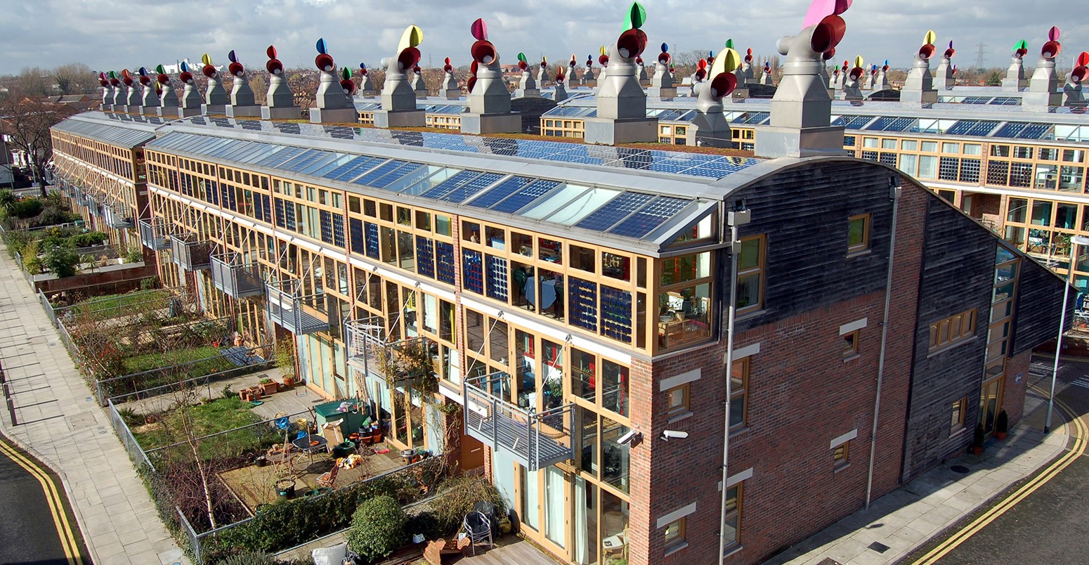 An eco village with solar panels, UK