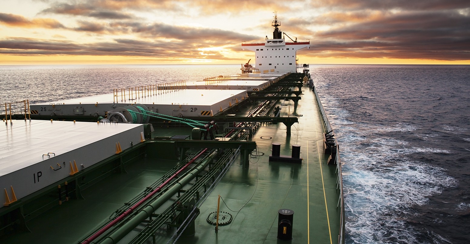 Cargo ship underway viewed from bow