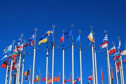 Flags of European countries against the blue sky