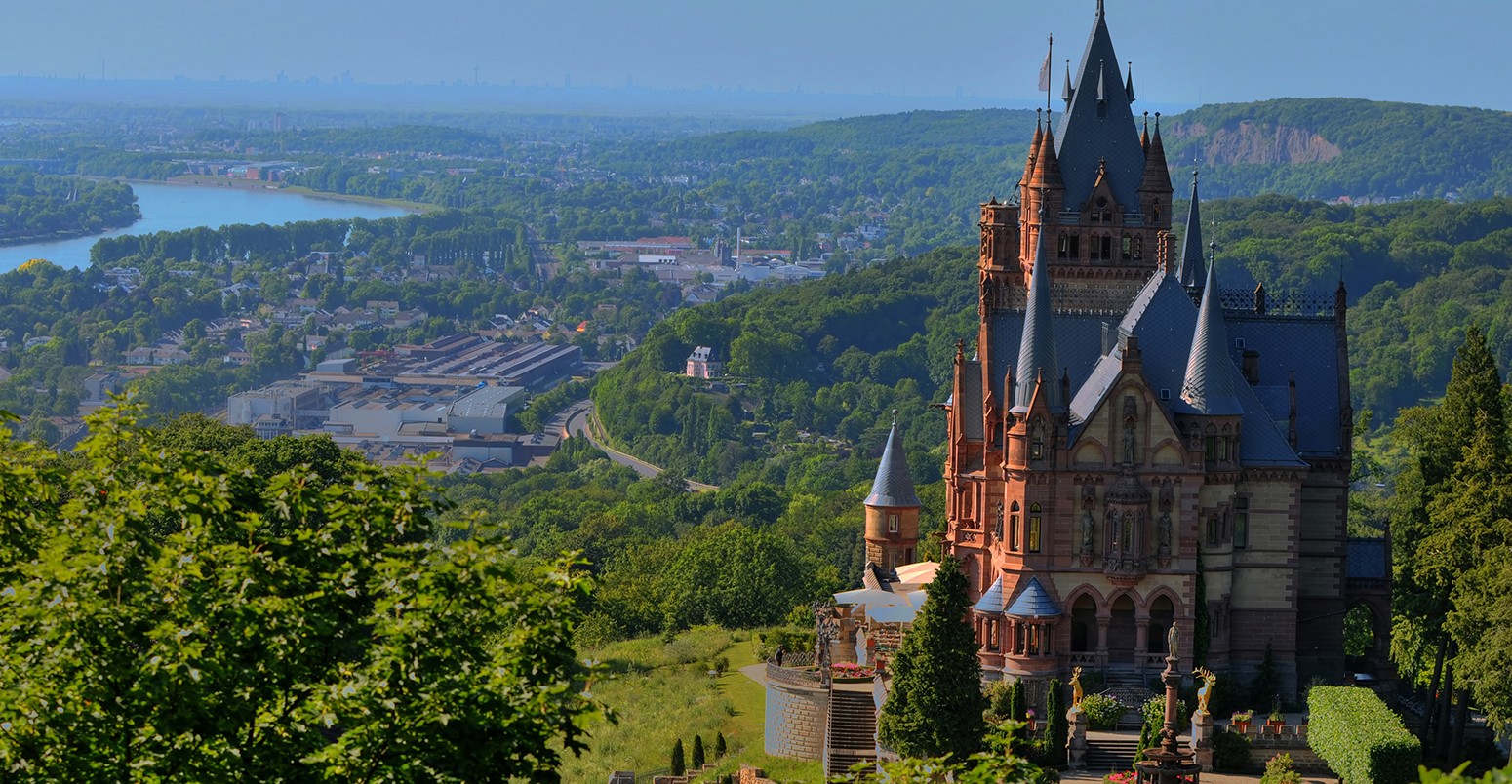 A medieval castle and an urban view behind, Bonn Germany