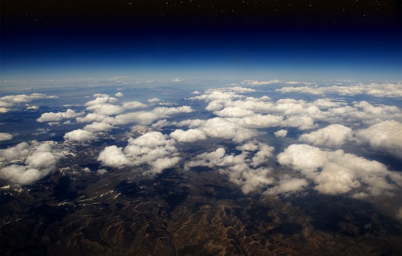 High altitude view of the Earth in space over the desert in the western United States.