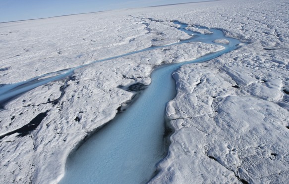 Melting ice forms rivers across the Sermeq Kujalleq Glacier