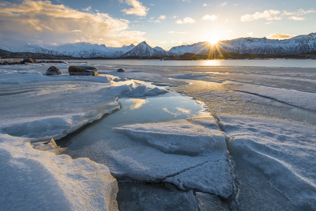 Sunset at Vatnfjorden, Nordpollen, Lofoten, Norway, Europe