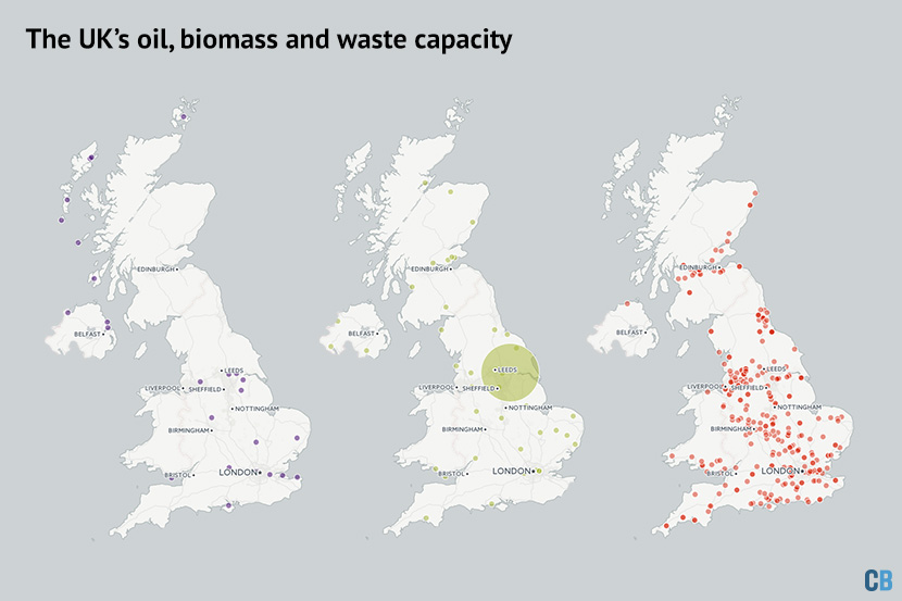 Maps the UK's oil, biomass and waste capacity 