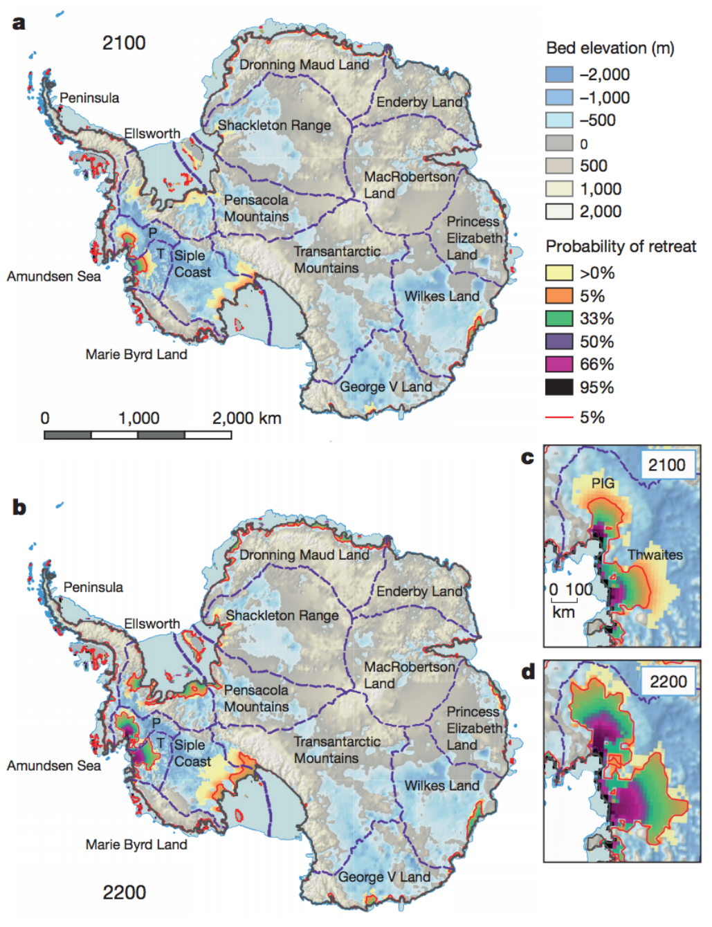 Maps of projected glacier retreat for 2100 and 2200