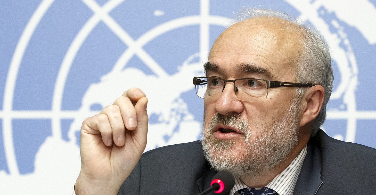 French Michel Jarraud, Secretary-General of World Meteorological Organization, (WMO), speaks to the media about the WMO Greenhouse Gas Bulletin during a press conference in Geneva, Switzerland