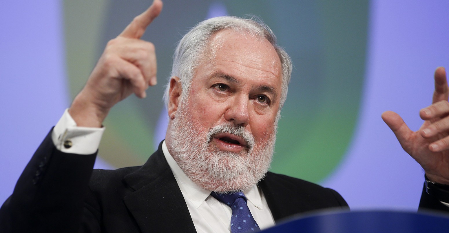 EU Commissioner in charge of climate and energy, Miguel Arias Canete, gestures during a news conference