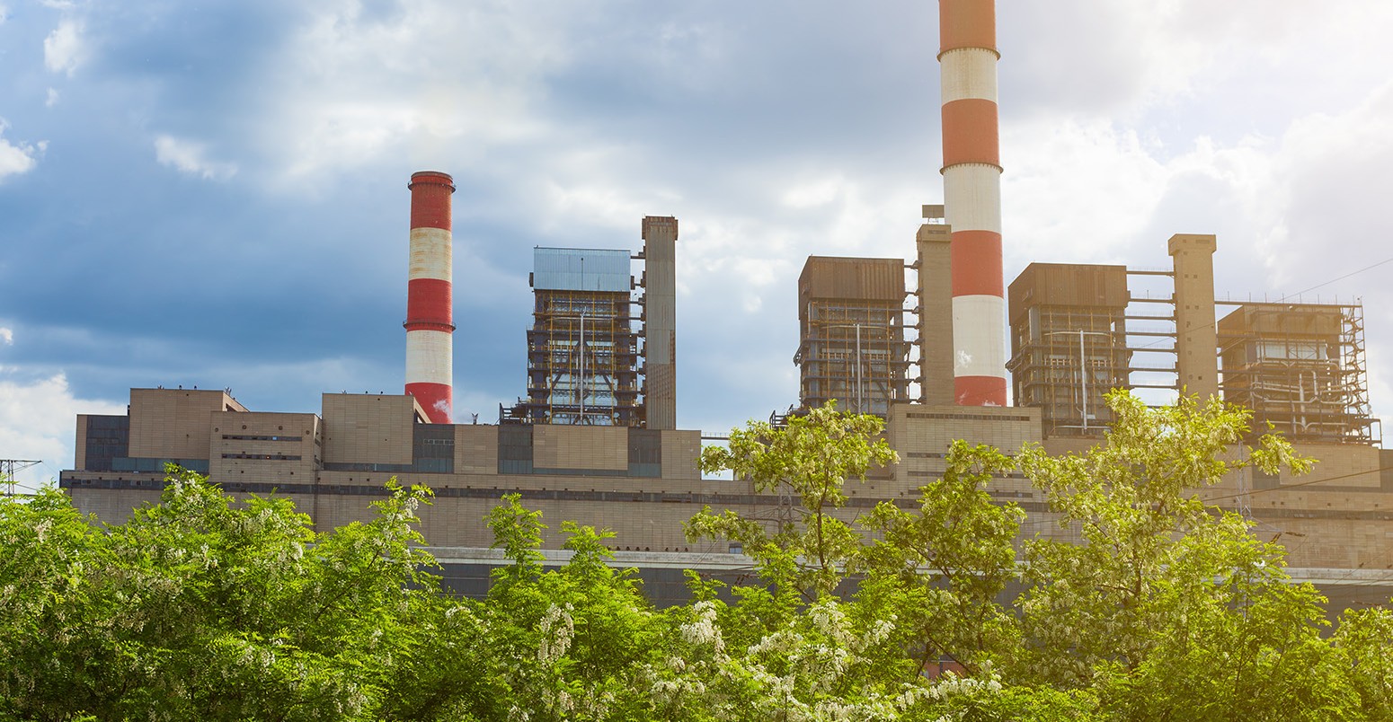 Thermal power plant and flourishing woods in foreground