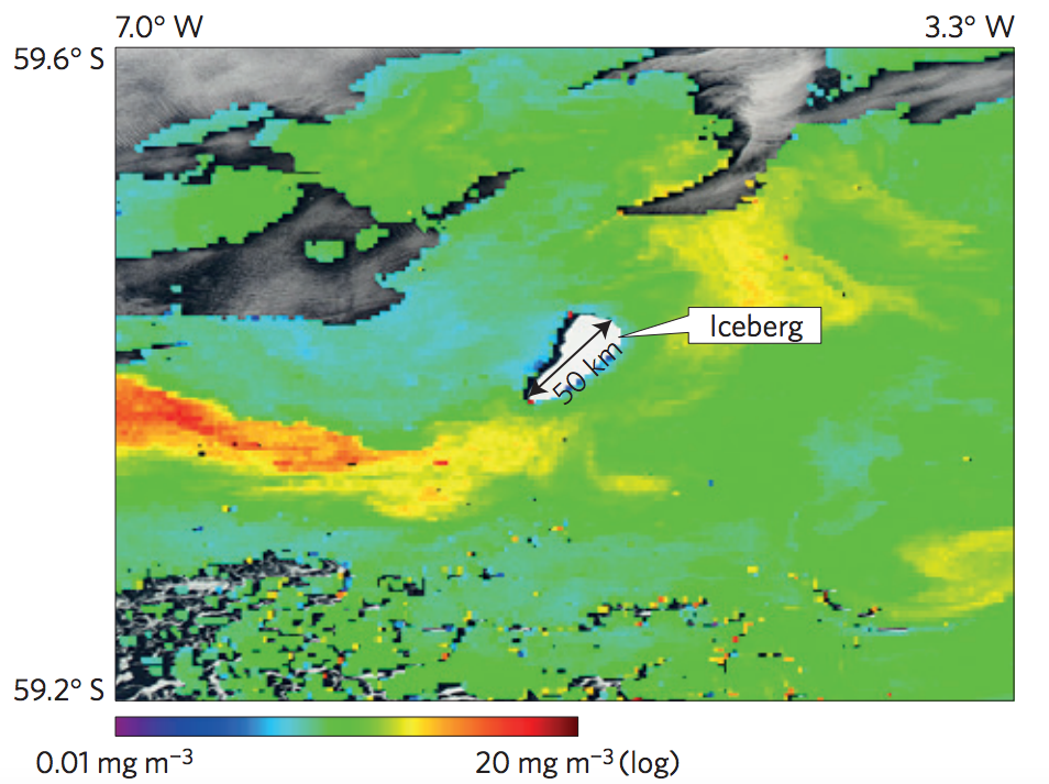 Satellite measurements of enhanced chlorophyll levels around the ‘C16’ giant iceberg in the Southern Ocean, taken on 12 January 2013.