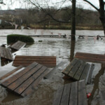 The Kirskstall Taps Public House as the beer garden is flooded as the The River Aire, at Kirkstall Leeds, breaks its banks