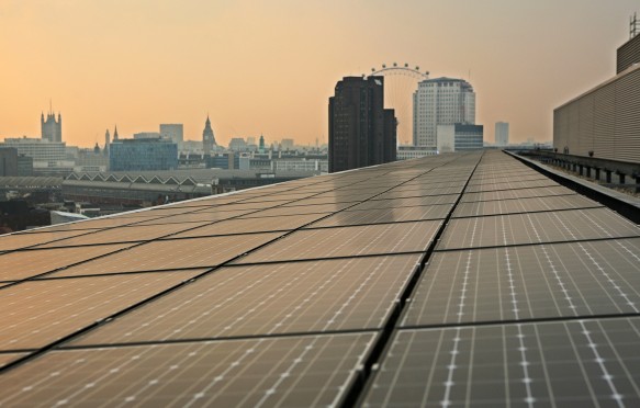 Renewables - Solar Photovoltaic (PV) Panels cover the roof of Palestra House, the home of the London Climate Change Agency and the London Development Agency. This flagship renewable energy project was designed by award winning architect Will Alsop. --- Image by © Andrew Aitchison/In Pictures/Corbis