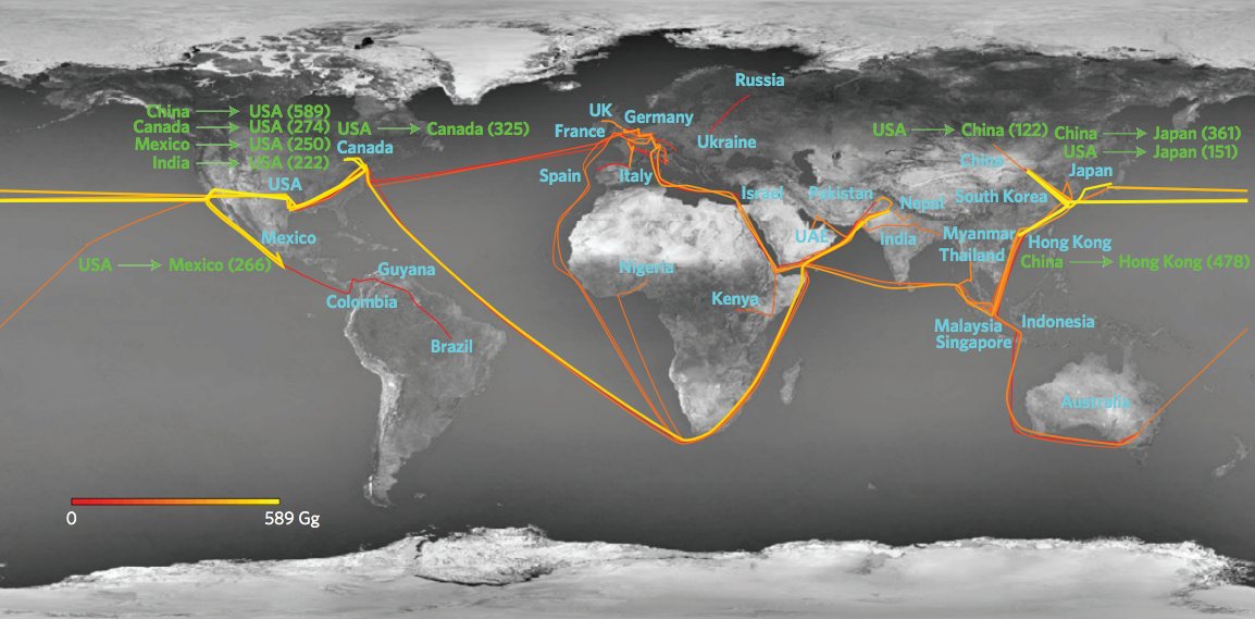 Map of international flows of nitrogen emissions in traded products. 