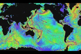 Ocean basins mapped with satellite altimetry. Seafloor features larger than 10 km are detected by resulting gravitational distortion of sea surface. Credit: NOAA