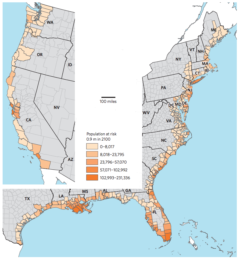 Map showing cumulative projected population at risk from coastal flooding with sea level rise of 0.9m by 2100, for counties in the US
