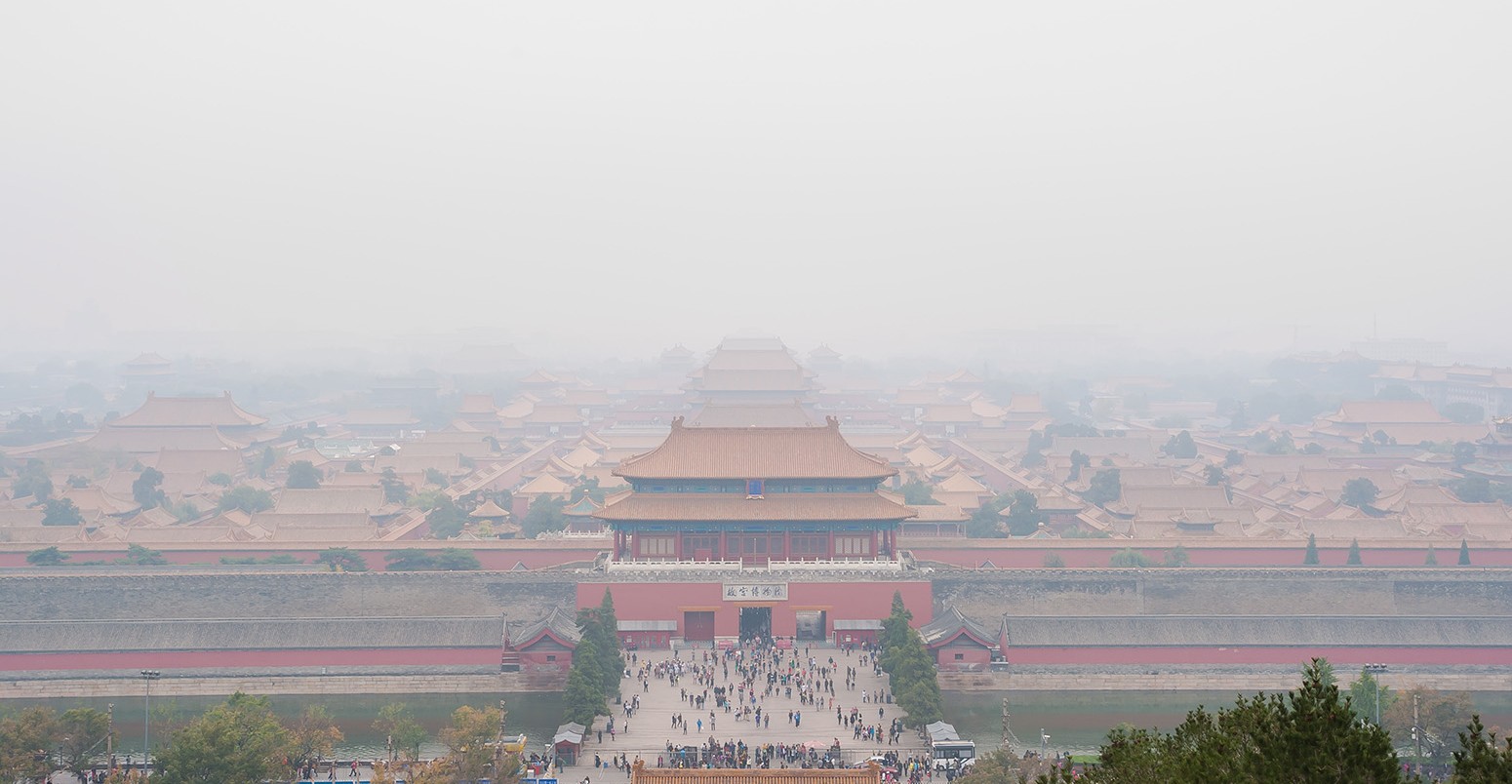 View of the Forbidden City shrouded in pollution from Jingshan Park, Beijing