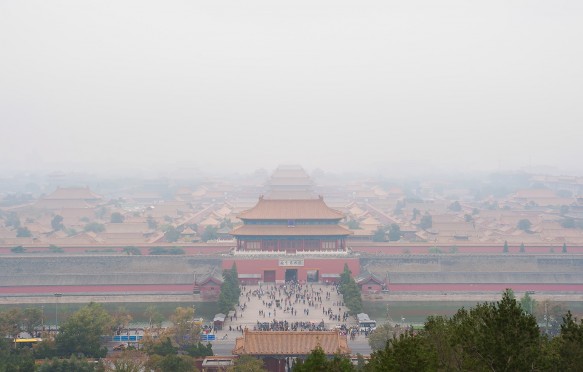 View of the Forbidden City shrouded in pollution from Jingshan Park, Beijing