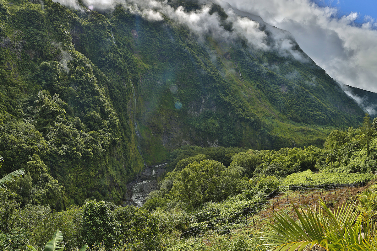 France, Reunion island (French overseas department), Cirque de Salazie, listed as World Heritage by UNESCO, mountainous tropical landscape of lush greenery.