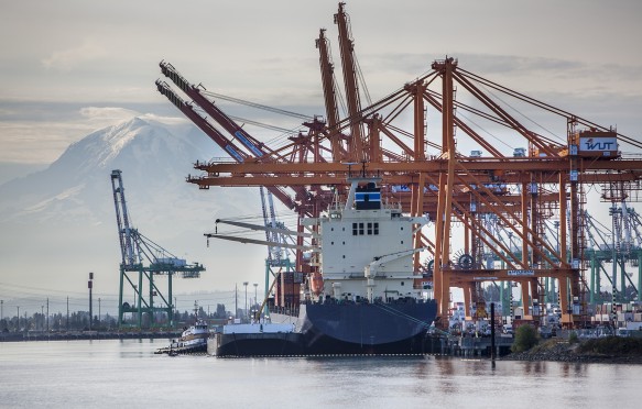 Commercial loading docks and cranes as viewed from harbor