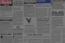 Collage of climate and energy editorials from UK newspapers