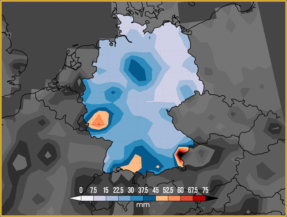 Map of 1-day maximum rainfall total (in mm) up to June 5th, 2016 over Germany. Source: NOAA/NCEP/CPC.