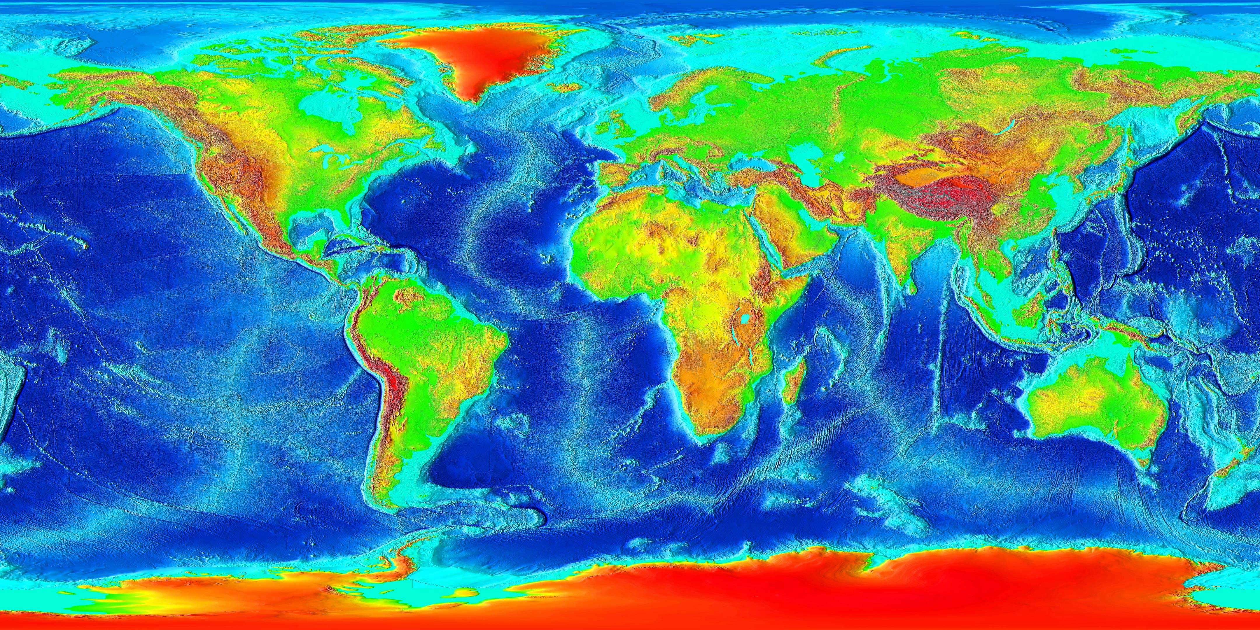 Global land and undersea elevation. Continental shelves are shown in bright blue. Credit: NOAA