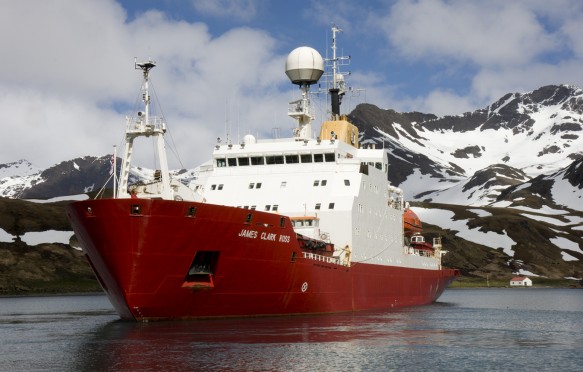 The RRS James Clark Ross, a marine research vessel, in South Georgia.