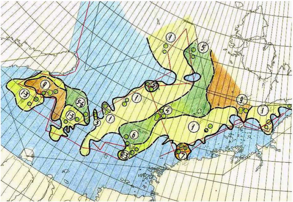 Example of an early (August 1933) sea ice cover map compiled by the Arctic and Antarctic Research Institute (St. Petersburg, Russia). The shading colour indicates sea ice extent.