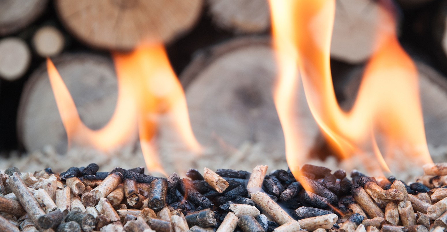 Biomass pellets made from pine and sunflower aflame